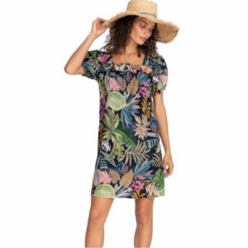 Johnny Was Workshop Black Embroidered Tropical Short Coverup Dress Sz S NWT